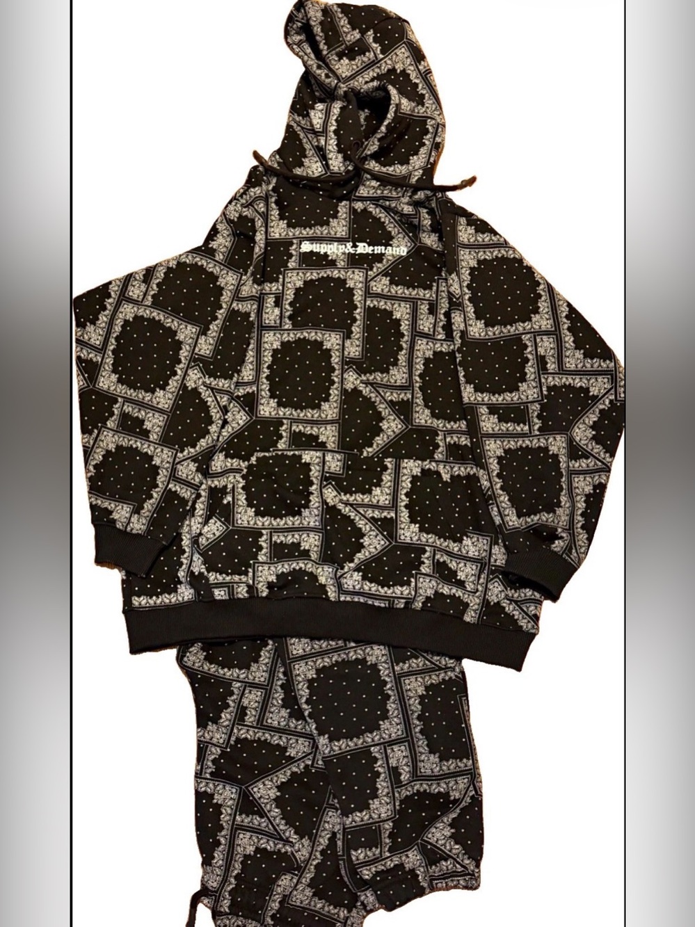 Supply & Demand Men’s 2pc Paisley Hoodie & Tapered Jogger Set Black/White Sz Sm